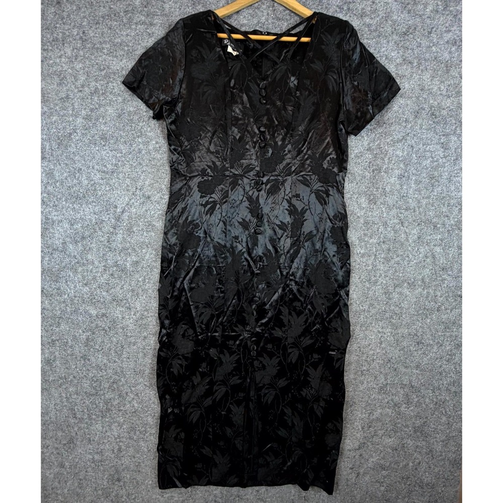 Vintage Dawn Joy Fashions Midi Dress Womens Black Rayon Floral Jacquard Retro